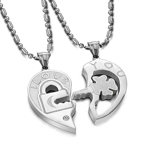 His and Hers Stainless Steel I Love You Heart Lock & Key Couple Pendant Necklace - Picture 1 of 9